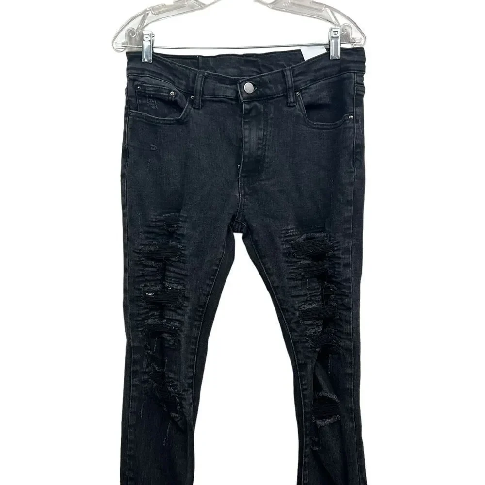 MNML Mens Jeans Stretch Slim Straight Distressed Raw Zip Fly Black Size 32W*